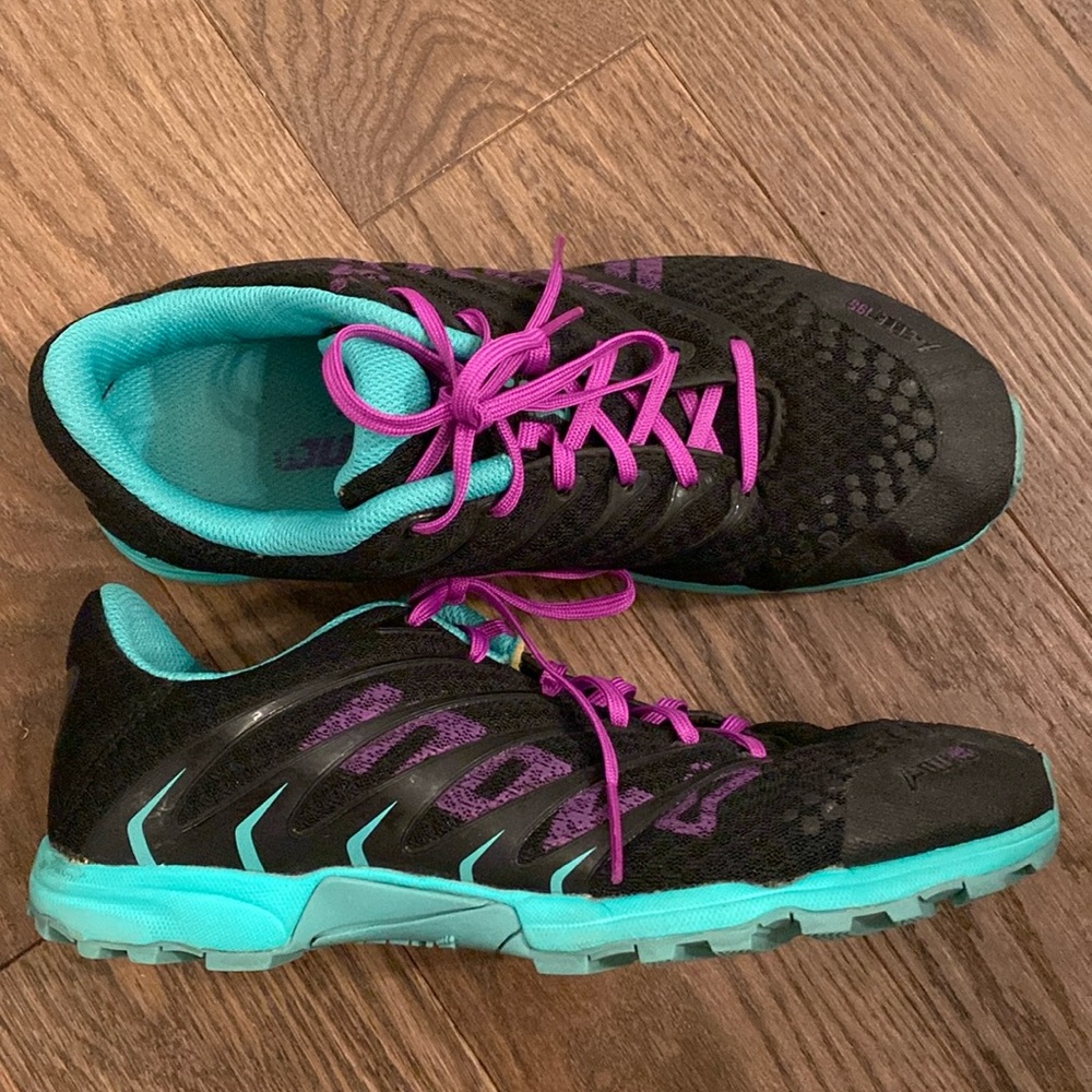 Inov 8 training sneakers. Women’s 8.5. Black, teal & purple. Good used condition